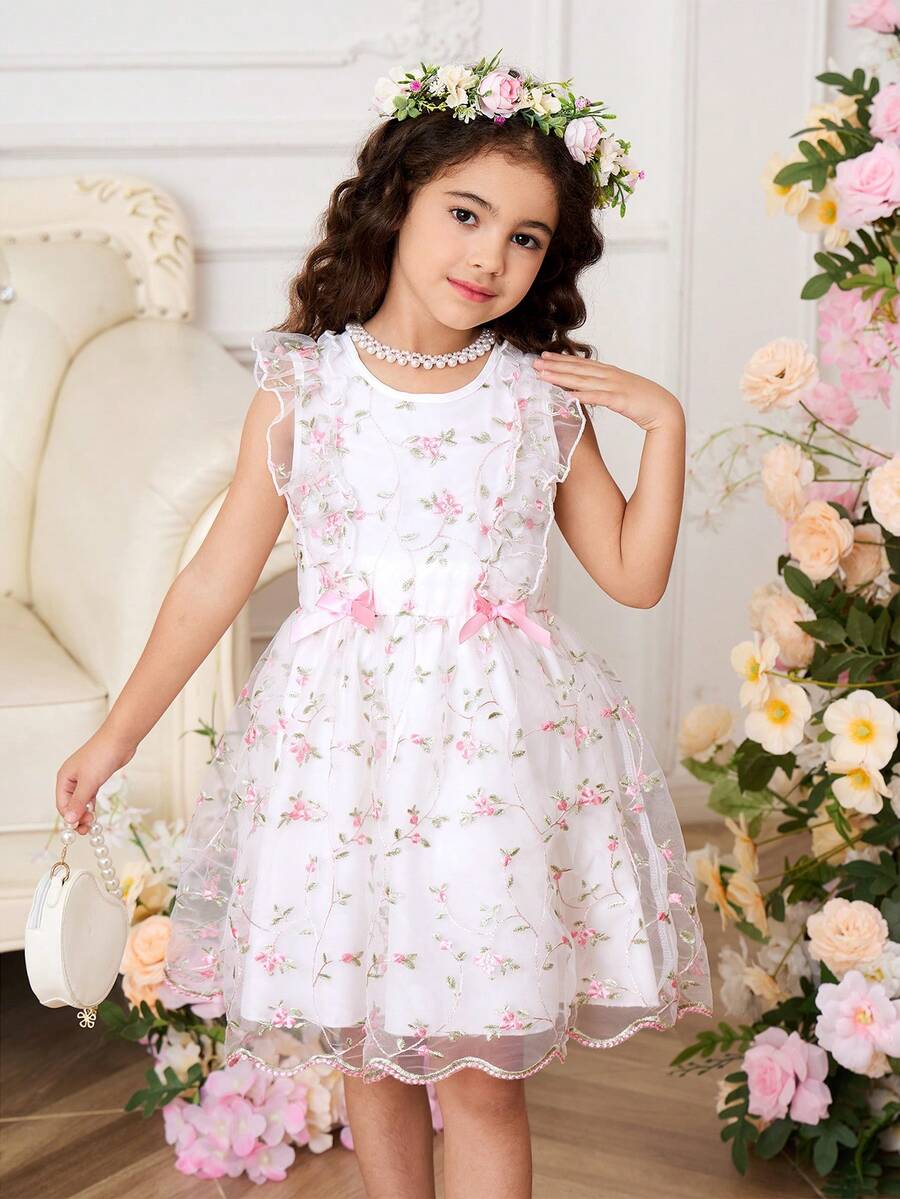 Polyester Sleeveless White Flared Hem Dress For Girls Cute Floral Embroidered Round Neck A Line Short Dress Ruffle Detail - White - View 1
