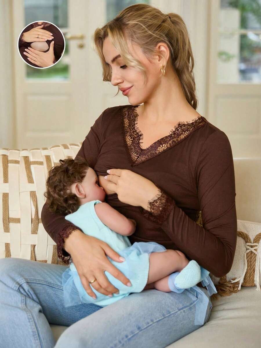SHEIN Áo cho con bú tay dài cổ chữ V màu trơn, viền ren, thoải mái và thoáng khí. - Cà phê nâu - Xem 1