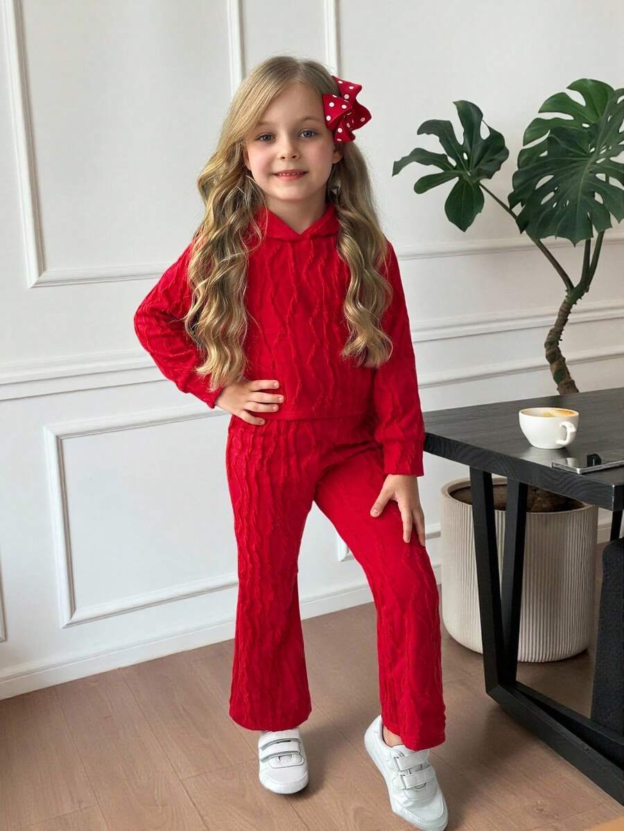 SHEIN 2 Stücke/Set Mädchen Lässig strukturierter Strick Kapuzenpullover kombiniert mit weiten Hosen, geeignet für Kinder Lässig Wear, Schulanfang, Zeremonien, Alltag, Schule, Reisen, Sport, Herbst/Winter - Rot - Übersicht 1