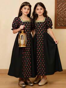 SHEIN 青少年女孩 1 件夏季優雅洋裝，紅色花卉短袖，日常度假派對禮服 - 黑色 - 查看 7