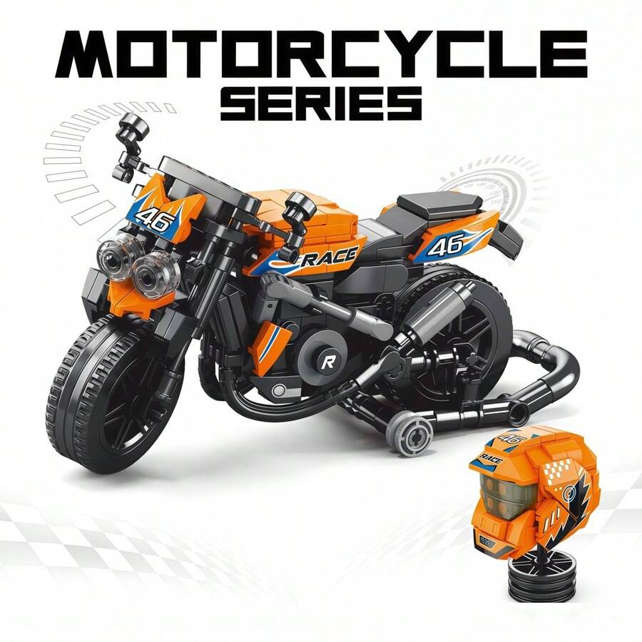 Racing Motorcycle Building Block Set - Orange & Black Mechanical Model With Helmet Accessory, Collectible Assembled Toy (Piece Count: 403pcs) - Multicolor - View 1