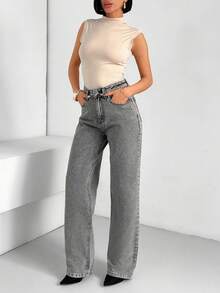 EURMUSE Lässige graue Jeans mit Denimwäsche, niedriger Taille, geradem Bein und Taschen für Frauen - Grau - Übersicht 3