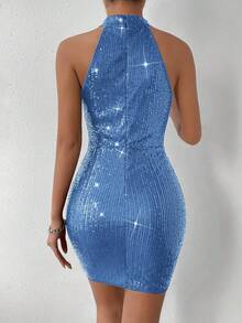 Rafferiza 节日派对服装：露背褶皱亮片紧身连衣裙 - 淺藍色 - 查看 2