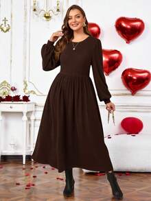 EMERY ROSE Robe décontractée en polaire texturée à col rond et manches longues pour femmes grandes tailles, automne - Tabac - Voir 5