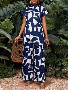 SHEIN Lady 女士度假休闲印花不对称下摆上衣和裤子两件套 - 彩色 - 查看 6