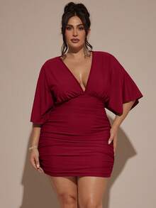 SHEIN BAE Gaun Natal Mini Hijau Leher V untuk Wanita Ukuran Plus - Burgundy - View 7
