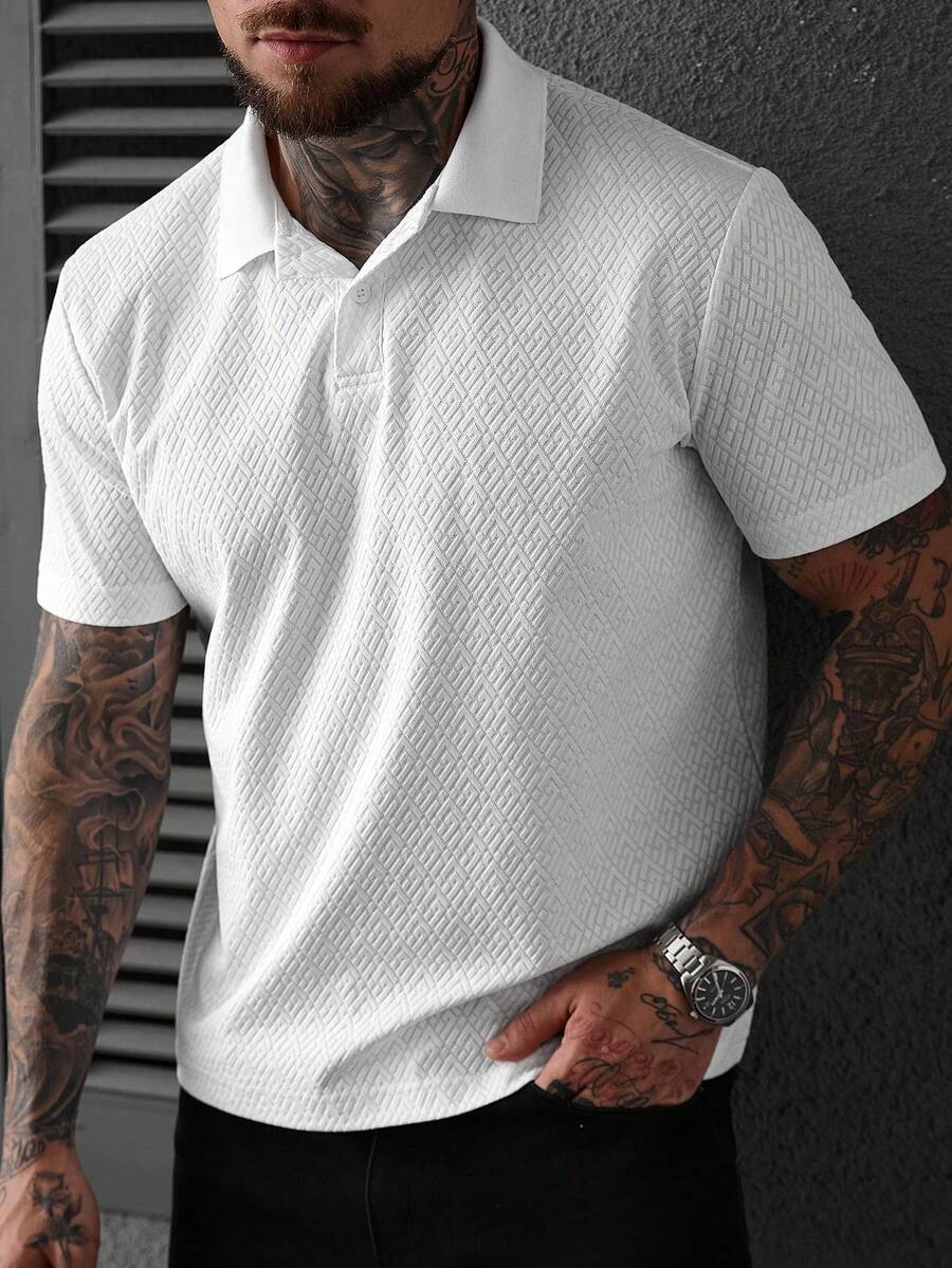 Manfinity Homme 男士休闲纯色纹理短袖 Polo 衫,夏季白色短袖 Polo 衫,男士高尔夫球衫,男士纹理 Polo 衫,白色 Polo 衫 - 白色 - 查看 1