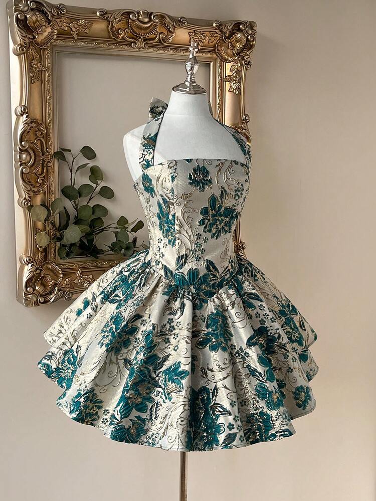 Lovelzi Robe élégante, romantique et à bretelles fines en tissu jacquard vert, coupe évasée. Convient pour les soirées élégantes, les tenues d'invitée de mariage, les fêtes entre célibataires, les bals de promo. - Vert - Voir 5