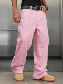 Manfinity ZONE917 Quần jeans nam ống đứng dáng rộng, có túi và cúc, kiểu dáng thường ngày, đa năng, phù hợp đi làm. - Hồng - Xem 3