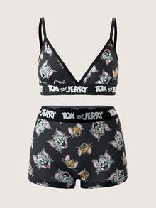 TOM & JERRY X SHEIN Conjunto de sujetador y pantie suave y cómodo con estampado de letras en toda la prenda para mujer - Negro - Ver 7