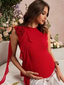 SHEIN Elegante camiseta de maternidad sin mangas con volantes en el bajo de color liso para fiesta - Rojo - Ver 7