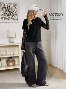 Easowa 圆领蕾丝拼接二合一长袖套头T恤，休闲宽松优雅通勤复古风女装，2025秋冬新款极简主义冬季女式黑色纯色不对称下摆撞色蕾丝优雅T恤缎面蕾丝黑色T恤 - 黑色 - 查看 7