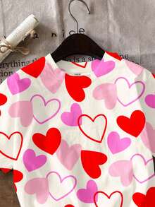 SHEIN Cute & Sweet Young Girl Pink Heart Graphic Tee, Casual Minimalist Short Sleeve Round Neck T-Shirt, Suitable For Spring & Summer Daily Wear, Stylish Girls Casual, Sweet Heart Graphic , New Style, Homecoming, Valentine Vibes - Multicolor - View 5