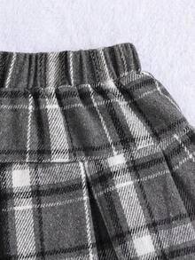 Playful Pals 1件装女童复古格子迷你裙，棕色休闲JK风松紧腰百褶裙，适合春、秋、冬日常穿着 - 黑與白 - 查看 7