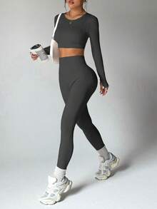 Dewbera Conjunto deportivo de mujer con costillas sin costuras y elástico - Gris Oscuro - Ver 2