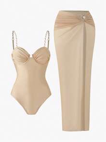 Swim Oasis Women's 2-Piece Backless Camisole Swimsuit, Beach Cover-Up And Skirt, Vacation Casual Swimwear Set, Summer Outfit, Underwire Push-Up One-Piece Swimsuit Beige Swimsuit Nude Two Piece Set Underwire Swimsuit Set Beige Two Piece Set
