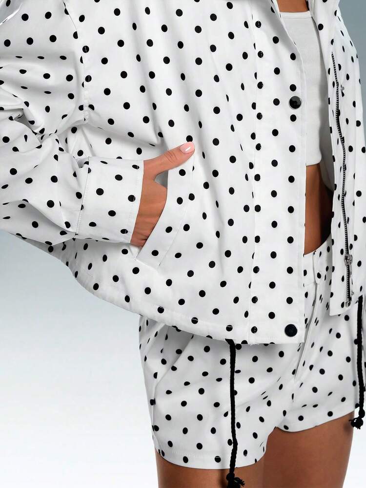 Ensemble Femme Oversize Pois 2 Pièces – Pull Col Roulé + Short à Cordon Taille, Style Décontracté Tendance