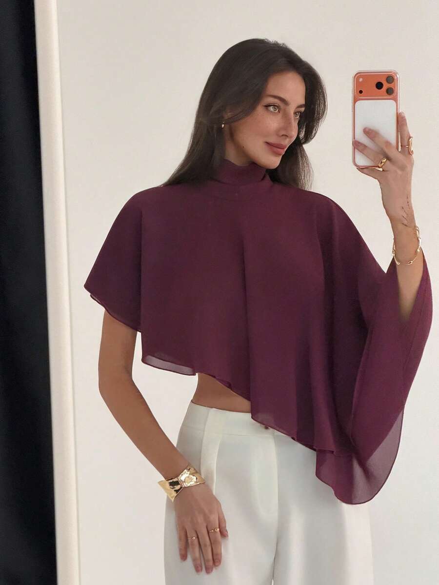 Aloruh Romantisk Stand Collar Cape Asymmetrisk Fåll Dubbelskiktad Chiffong Lila Damblus - Rödviolett - Visa 1