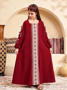 SHEIN 少女复古宽松休闲方领拼接图案长袖连衣裙 - 酒紅色 - 查看 3