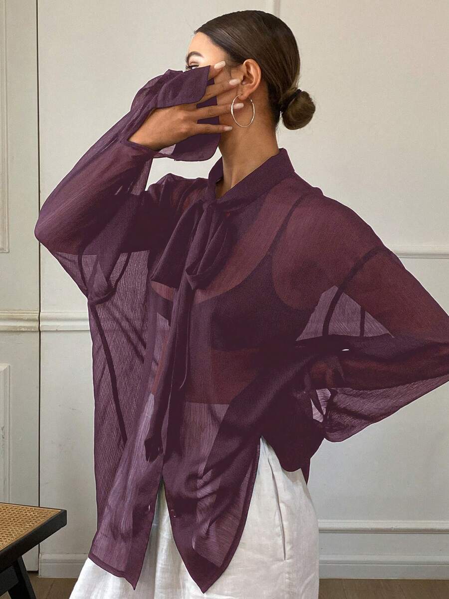 DAZY Áo kiểu nữ dáng rộng, màu trơn, tay dài, chất liệu chiffon, cổ buộc dây, thích hợp mặc mùa hè. - Màu tím - Xem 1