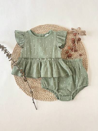 SHEIN 2pcs Baby Girls' Round Neck Cap Sleeve Snap Button Vest Top + Elastic Waist Shorts Green Casual Cute Polka Dot Print 100% Cotton Set, Suitable For Summer Outings, Home Wear, Travel & Holiday