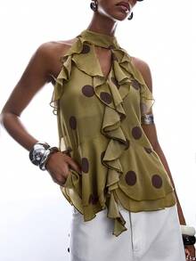 LYSMO 女士时尚性感荷叶边无袖背心 - 綠色 - 查看 6