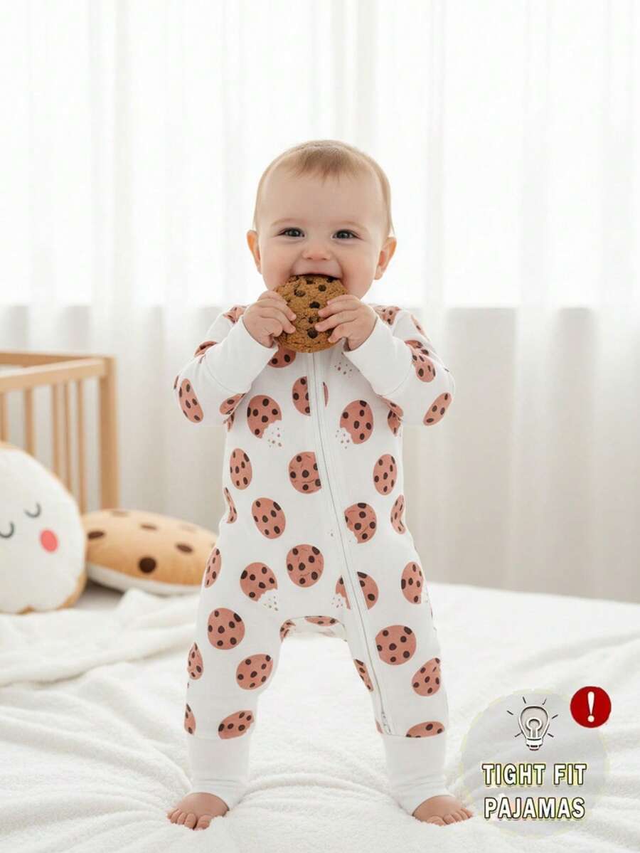 Baby Boy Cookie Print Double-Zipper Long Sleeve Romper Pajamas