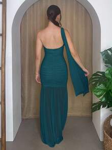 Andrea Bello 女式露背雪纺飘逸褶饰胸垫紧身连衣裙 - 水鴨藍 - 查看 2