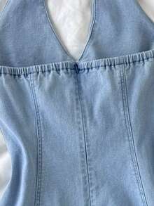 SHEIN MOD Damen Hellblau Neckholder Ärmellos Denim Mini-Kleid mit Schleifen-Detail, Sexy Chic A-Linie Jeans-Sommerkleid für Sommerurlaub, Geburtstagsparty Outfit - Mittele Waschung - Übersicht 8