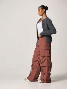 MISSGUIDED Rust Wide Leg Utility Cargo Pants With Multiple Pockets Elastic Waistband Casual Trousers Fall Winter Streetwear - Brown - View 3