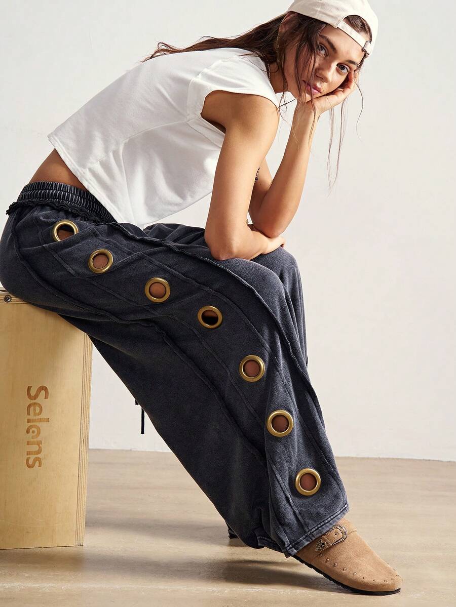 Bohemela Quần ống rộng dệt kim màu trơn dáng suông thoải mái dành cho nữ, thích hợp cho mùa xuân, đông, hè, phong cách boho, ngày Valentine, lễ hội âm nhạc. - màu đen - Xem 1