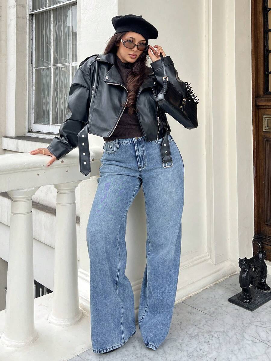 秋冬女式口袋阔腿宽松休闲保暖内衬牛仔裤，冬季外出保暖卡其色羊毛内衬做旧低腰直筒蓝色牛仔裤 - 中等水洗藍 - 查看 1