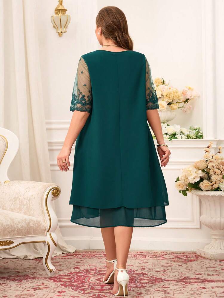 Plus Size Lace Patchwork Round Neck Simple Casual Elegant Dress Summer Outfits For Women Modest Dresses For Women Wedding Guest Dress Women Lace Chiffon,Spring