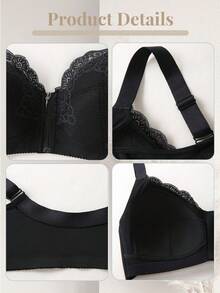 1 pièce Soutien-gorge sans fil en dentelle noir grande taille avec bretelles larges, fermeture éclair frontale confortable - Noir - Voir 6