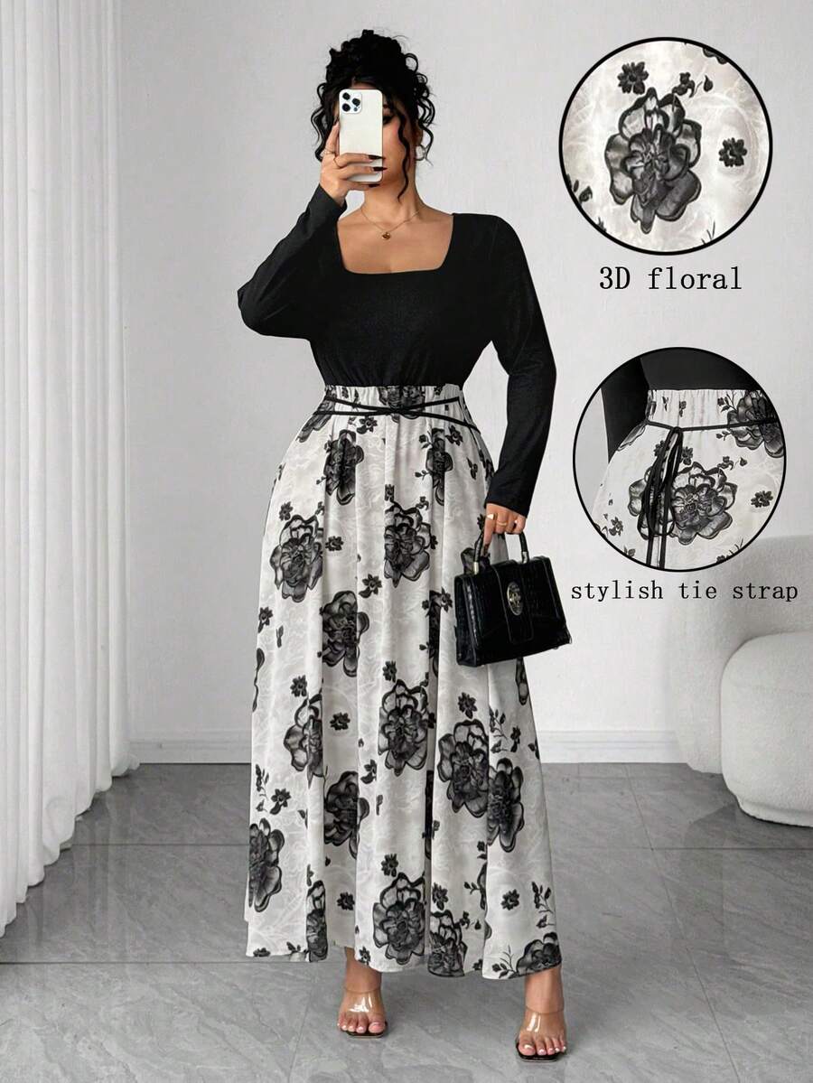 SHEIN Elenzya Plus Size 3D Floral Fabric Crew Neck Long Sleeve Dress - Black - View 1