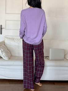 DAZY 女士小狗印花宽松T恤上衣和格子宽松睡裤家居服套装，秋冬款 - 紫色 - 查看 2