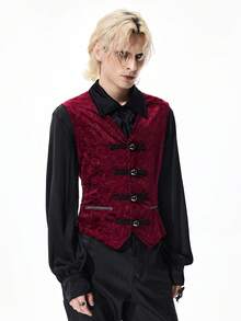 ROMWE MEN Goth 春季休闲印花红色男士复古撞色无袖时尚背心 - 酒紅色 - 查看 5