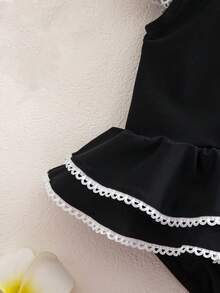 SHEIN 女婴度假蝴蝶装饰荷叶袖连体泳衣 - 黑色 - 查看 7
