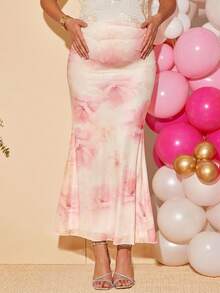 Loomaby Maternity Floral Print Adjustable Waist Mermaid Hem Elegant Skirt Dress Gender Reveal Dress Maternity Dress Baby Shower Dress - Pink - View 4