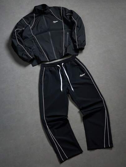 Manfinity Homme Men's Casual Hot Selling Jacket Outfit Set, INS Style, Suitable For All Seasons And Daily Wear, Outdoor Hiking Matching, Photo Shoot Essential, Perfect Gift For Boyfriend/Husband, Men's Casual, Y2K Men 2 Piece Set Black Sweat Sets Tracksuit Mens Track Suit Mens Jogging Set Mens Jogger Set Jogging Suits Mens Sweatsuit Set Y2k Tracksuit Men