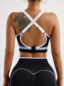 Seamluxe SHEIN Sport Seamless High Elastic Sports Fitness Bra, Fashion Color Blocking - Black and White - View 6