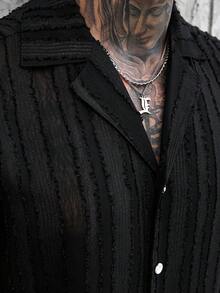 SLATEMANN 男士平领单排扣休闲百搭通勤短袖衬衫 男士纽扣衬衫 男士薄纱短袖衬衫 男士翻领衬衫 - 黑色 - 查看 3