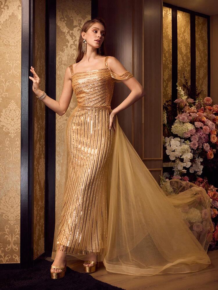 SEQUIN CONTRAST MESH COCKTAIL PARTY DRESS