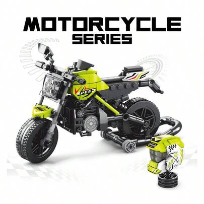 Neon Green 'SPEED' Racing Motorcycle Building Block Set - Mechanical Model With Helmet Accessory, Collectible Assembled Toy (Piece Count: 397pcs)