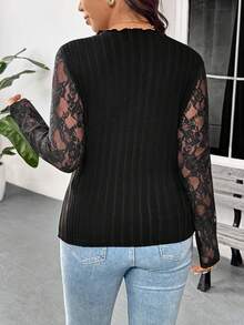 SHEIN Frenchy Casual Black Plus Size Rib-Knit Tee With Semi-Sheer Lace Long Sleeves And Stand Collar - Black - View 2