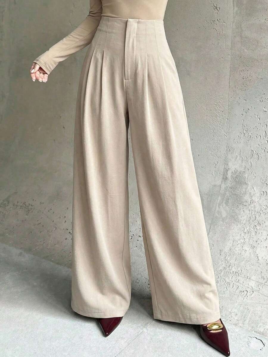 Firerie Quần nữ ống rộng xếp ly cạp cao có khóa kéo, màu đỏ cà tím, kiểu dáng thanh lịch, thường ngày, phù hợp đi làm, đi học, đi làm công sở.