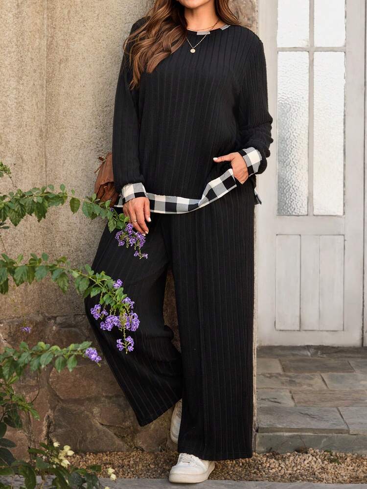 Plus Size Casual Plaid Patchwork Top And Pants 2 Pieces Set,Casual Outfit For Women