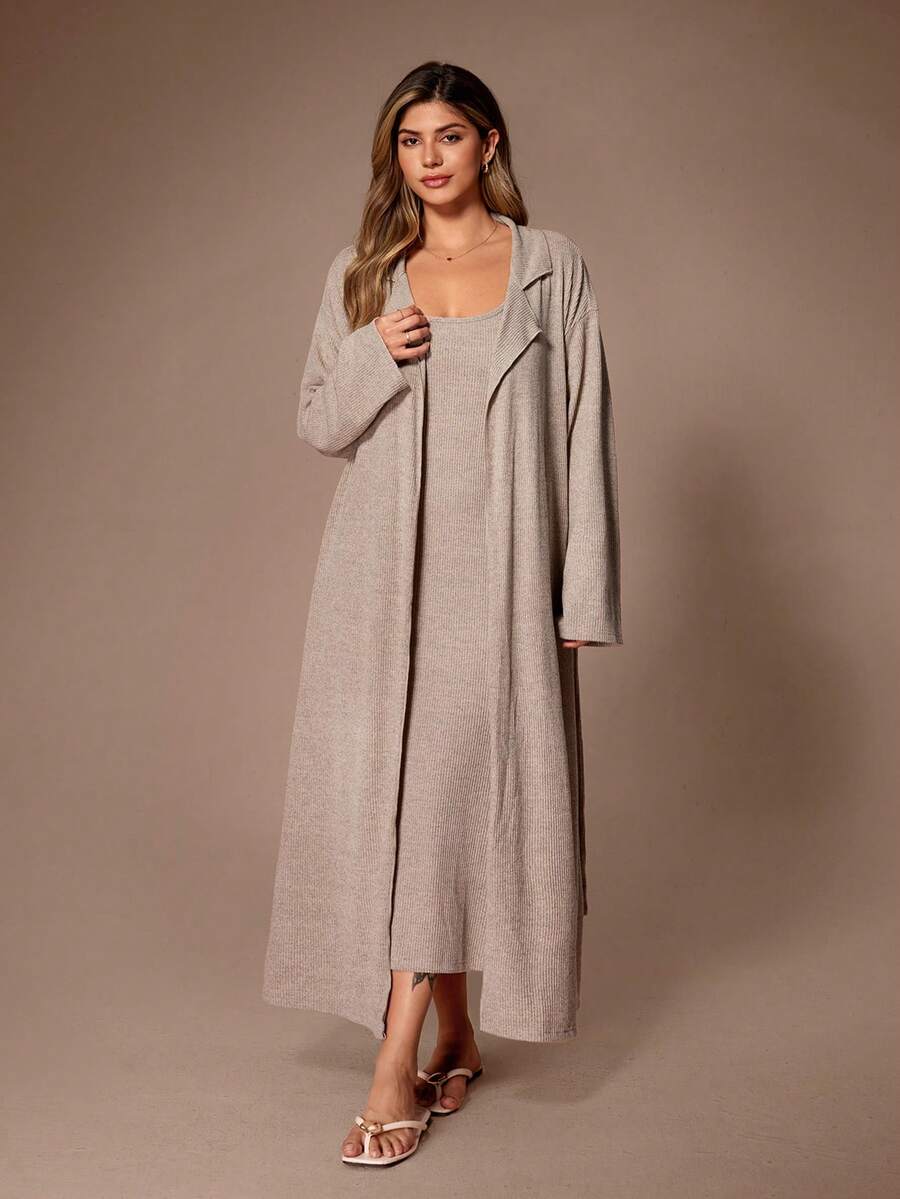 Lazeform Bộ đồ mặc nhà cỡ lớn gồm áo choàng dài tay cổ bẻ và váy maxi không tay, thích hợp mặc ngoài, áo choàng mỏng nhẹ, bộ áo choàng nữ, áo choàng mùa đông dài tay. - Màu nâu Mocha - Xem 1