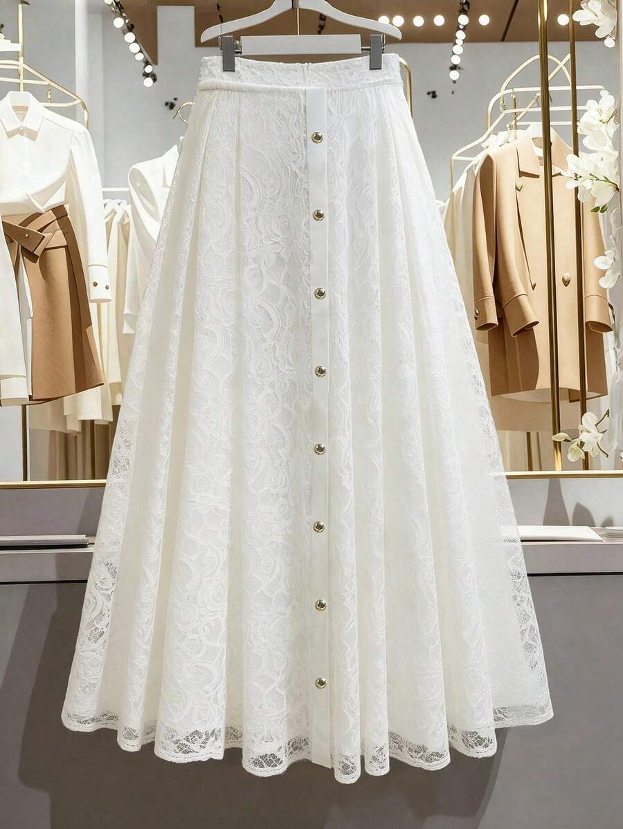 GlowEve CURVE Plus Size Elegant Commuter Simple Solid Color Lace A-Line Skirt - White - View 1