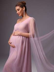 MaterniChic 孕妇纯色极简网纱连衣裙 - 粉色 - 查看 5